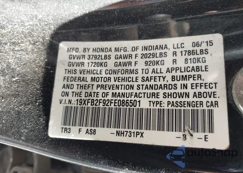 2015 Honda Civic Ex-L z USA, uszkodzony, nr VIN 19XFB2F92FE086501